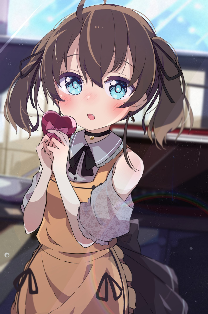 1girl :o ahoge apron bangs bare_shoulders black_choker black_ribbon black_skirt blue_eyes blurry blurry_background blush box brown_apron brown_hair choker clothing_cutout collared_shirt commentary_request depth_of_field dress_shirt earrings eyebrows_visible_through_hair fang frilled_apron frilled_shirt_collar frills gift gift_box grey_shirt hair_between_eyes hair_ribbon hands_up heart-shaped_box highres holding holding_gift hololive jewelry looking_at_viewer natsuiro_matsuri okota_mikan parted_lips pleated_skirt puffy_short_sleeves puffy_sleeves ribbon shirt short_sleeves shoulder_cutout skirt solo twintails virtual_youtuber