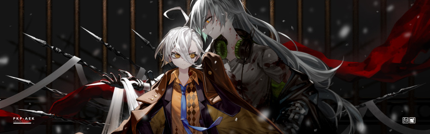 2girls aek-999_(girls_frontline) ahoge blazer blood blood_on_face blue_neckwear girls_frontline gloves grin headphones headphones_around_neck highres jacket long_hair multiple_girls necktie off_shoulder official_alternate_costume pkp_(girls_frontline) polearm shirt silver_hair smile spear su_xiao_jei tie_clip weapon white_hair yellow_eyes yellow_shirt