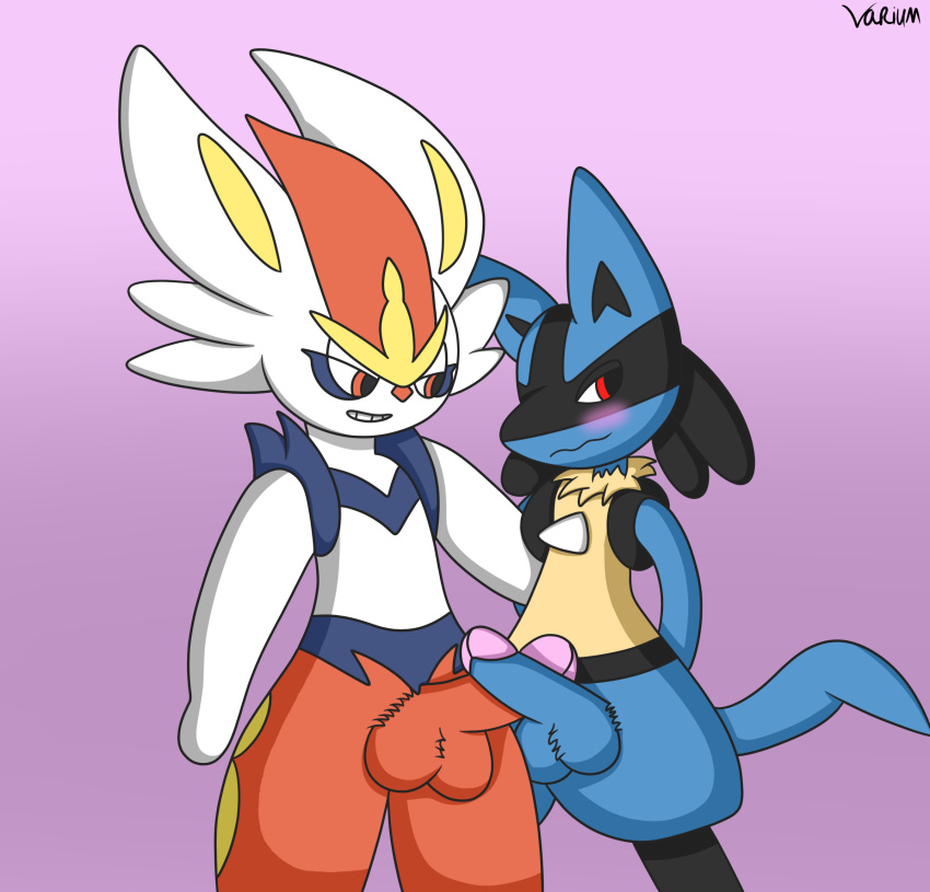 balls blue_body blue_fur blush canid canine cinderace comparing comparing_penis digital_media_(artwork) duo erection fur genitals hi_res humanoid_genitalia humanoid_penis lucario male male/male mammal nintendo nude penis penis_size_difference pok&eacute;mon pok&eacute;mon_(species) simple_background smile touching_penis varium video_games white_body white_fur