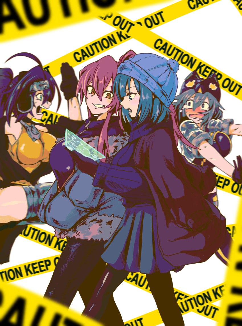 4girls absurdres ahoge alternate_costume beanie blue_eyes blue_hair blush breasts brown_eyes caution_tape chasing crying crying_with_eyes_open duel_monster eyebrows_visible_through_hair feet_out_of_frame fleeing fur-trimmed_jacket fur_trim gloves green_eyes grey_hair grin hat headband headphones highres holding holding_phone holographic_interface i:p_masquerena jacket jacket_on_shoulders kisikil_(yu-gi-oh!) large_breasts lilla_(yu-gi-oh!) long_hair multiple_girls open_mouth pantyhose phone pink_hair ponytail purple_hair s-force_rappa_chiyomaru short_hair skirt smile sweater tears tkool_man walking white_background yu-gi-oh!