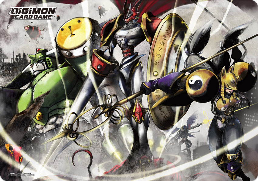 1boy 1girl armor beelzebumon breasts cape copyright_name creature digimon digimon_(creature) digimon_tamers dukemon fog lance large_breasts logo long_hair no_humans official_art polearm saintgalgomon sakuyamon shield standing watanabe_kenji weapon