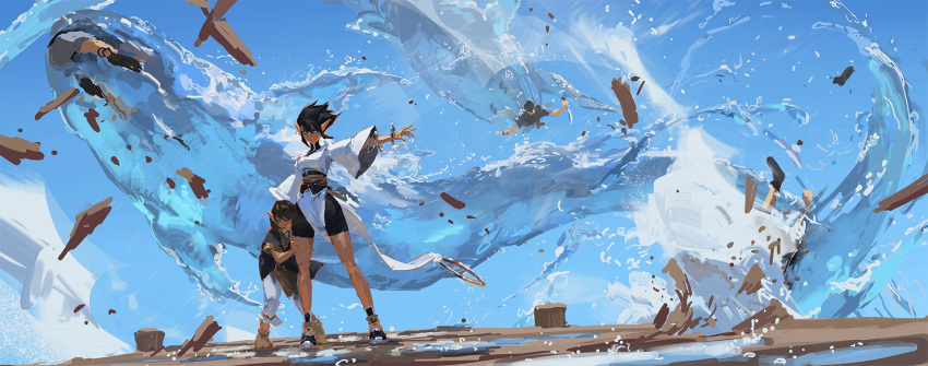 2girls 3boys bike_shorts black_hair bracelet brown_hair damaged dark_skin dark_skinned_female english_commentary fantasy highres jewelry kan_liu_(666k) multiple_boys multiple_girls open_hand original pointy_ears shoes short_sleeves sketch sky sneakers water whale