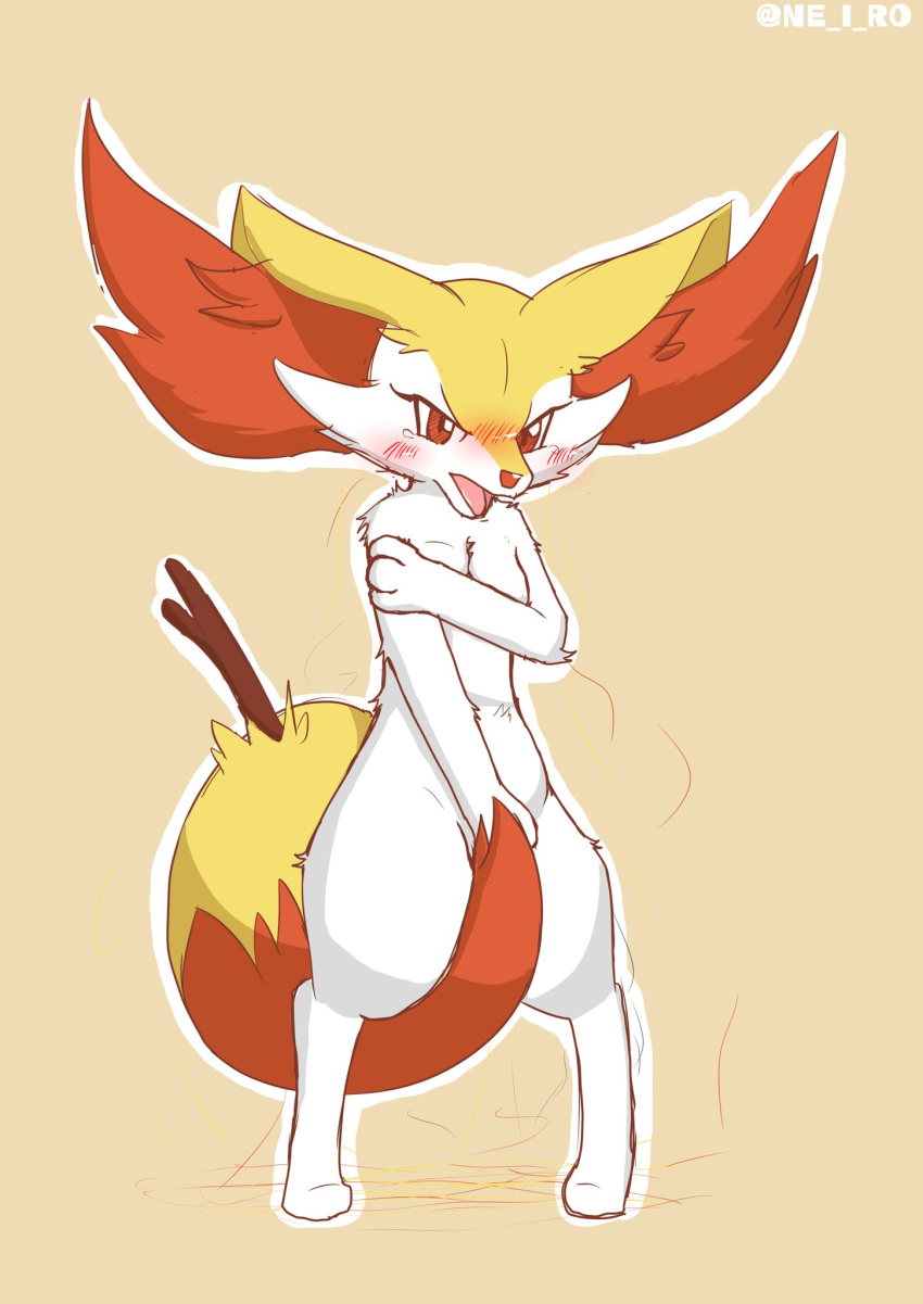 angry arm_tuft bent_arm blush braixen breasts cheek_tuft convenient_censorship covering covering_breasts covering_crotch covering_self digitigrade elbow_tufts embarrassed facial_tuft female fluffy fur hi_res inner_ear_fluff multicolored_body multicolored_fur ne_(junk810) nintendo nude open_mouth paws pok&eacute;mon pok&eacute;mon_(species) red_eyes red_nose semi-anthro solo stick tail_censorship tuft video_games white_body