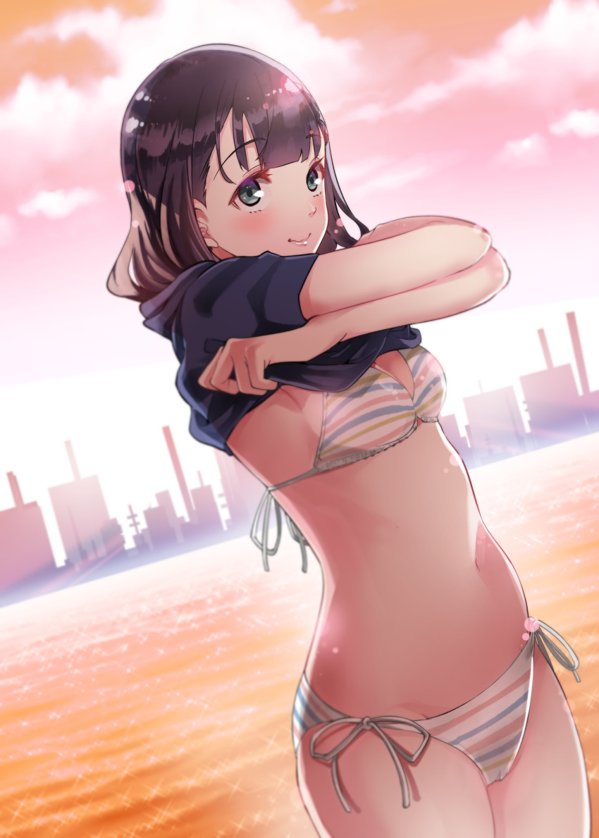 1girl absurdres bangs bikini black_hair blunt_bangs breasts brown_eyes cityscape cloud commentary_request cowboy_shot highres looking_at_viewer medium_breasts ocean orange_sky outdoors sakayama_shinta shiraishi_yuzuki short_hair side-tie_bikini sky solo sora_yori_mo_tooi_basho striped striped_bikini sun sunset swimsuit undressing water