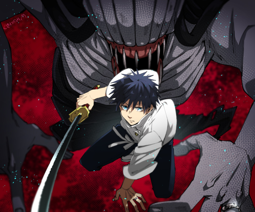 1boy absurdres bangs belt black_hair black_pants blue_eyes closed_mouth full_body hair_between_eyes hand_on_ground high_collar highres holding holding_sword holding_weapon jacket jewelry jujutsu_kaisen katana kurimilove long_sleeves looking_at_viewer monster okkotsu_yuuta open_mouth orimoto_rika pants red_background ring school_uniform short_hair squatting sword teeth weapon white_belt white_jacket