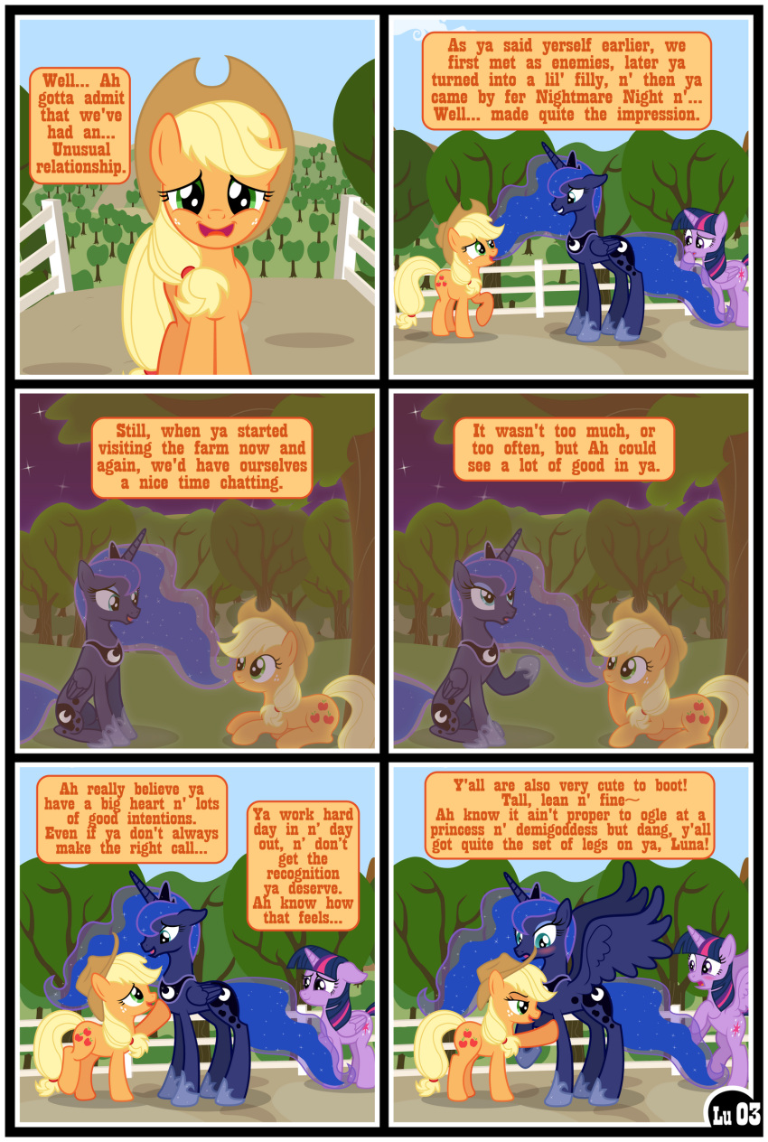 applejack_(mlp) comic dialogue equid equine female feral freckles friendship_is_magic group gutovi-kun hi_res horn larger_female male mammal my_little_pony night plant princess_luna_(mlp) size_difference smaller_male smile tree twilight_sparkle_(mlp) winged_unicorn wings