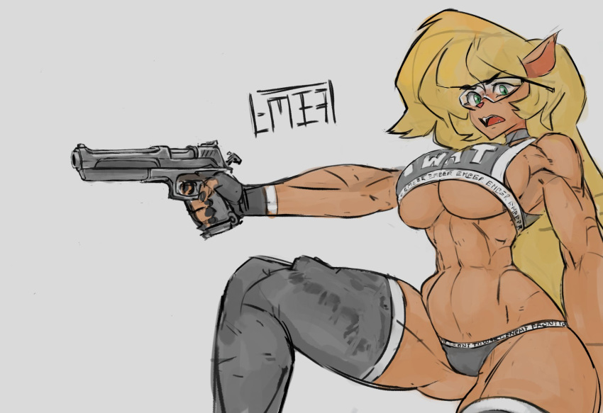 abs angry anthro athletic athletic_female big_breasts blonde_hair bra breasts callie_briggs clothing collar colored colored_nails domestic_cat english_text eyewear felid feline felis female fur glasses gloves green_eyes grey_clothing grey_panties grey_underwear gun hair handgun handwear hanna-barbera hi_res holding_gun holding_object holding_weapon legwear long_hair mammal muscular muscular_female nails panties pistol ranged_weapon solo sports_bra swat_kats tan_body tan_fur text thick_thighs thigh_highs underwear weapon zer0ember