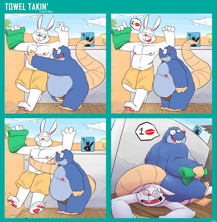 2021 ace_(the_human_heart) anthro beach belly big_butt blue_body butt comic duo dylan_(the_human_heart) eulipotyphlan eyes_closed hi_res lagomorph leonthelionel leporid male mammal mole_(animal) moobs nipples overweight overweight_male rabbit seaside sitting the_human_heart_(game) towel video_games visual_novel white_body