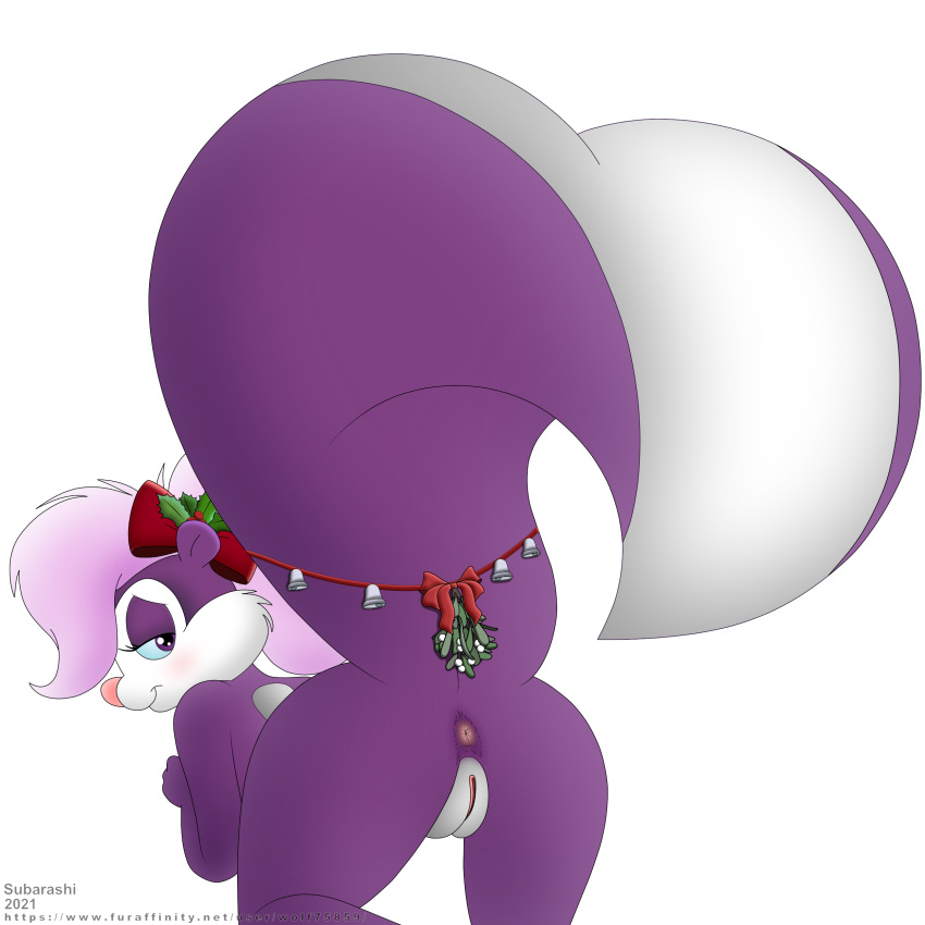 1:1 4:4 absurd_res accessory all_fours alpha_channel anthro anus christmas female fifi_friday fifi_la_fume genitals hair_accessory hair_bow hair_ribbon hi_res holidays holly_(plant) looking_at_viewer mammal mephitid mistletoe plant pussy raised_tail rear_view ribbons shaded silver_bells simple_background skunk solo subarashi text tiny_toon_adventures transparent_background url warner_brothers wolf75859