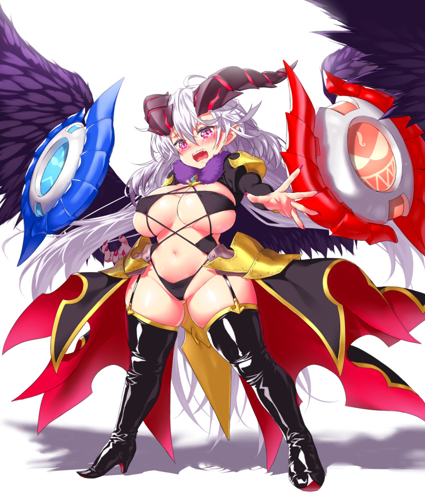 1girl boots breasts curvy demon_girl embarrassed fangs fingernails high_heel_boots high_heels highres horns huge_breasts long_hair looking_at_viewer nail_polish navel onsoku_inu original pink_eyes plump pointy_ears purple_wings silver_hair simple_background solo tearing_up thigh_boots thighhighs very_long_hair white_background wings