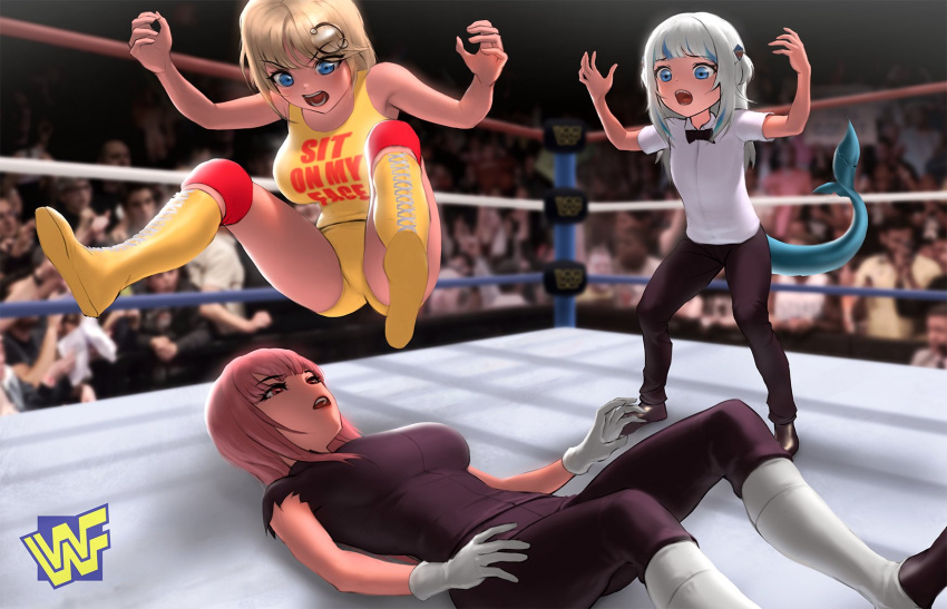 3girls black_pants blonde_hair blue_eyes breasts crowd fighting fish_tail gawr_gura gloves hair_ornament highres hulk_hogan impossible_clothes infi jumping large_breasts long_hair lying medium_breasts medium_hair monocle_hair_ornament mori_calliope multiple_girls on_back pants pink_eyes pink_hair referee shark_tail shirt tail tank_top the_undertaker watson_amelia white_hair wrestling wrestling_outfit wrestling_ring wwe