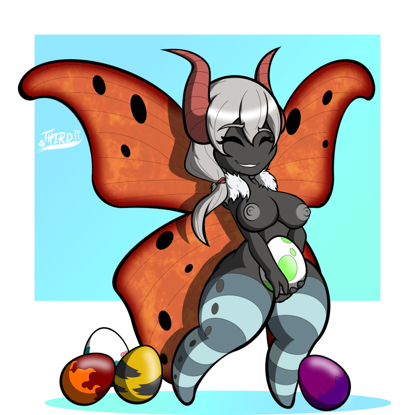 1:1 arthropod big_breasts breasts egg ember_(disambiguation) female grey_body hair hi_res horn insect lepidopteran mature_female moth nintendo pok&eacute;mon pok&eacute;mon_(species) short_stack solo third video_games volcarona white_hair wings