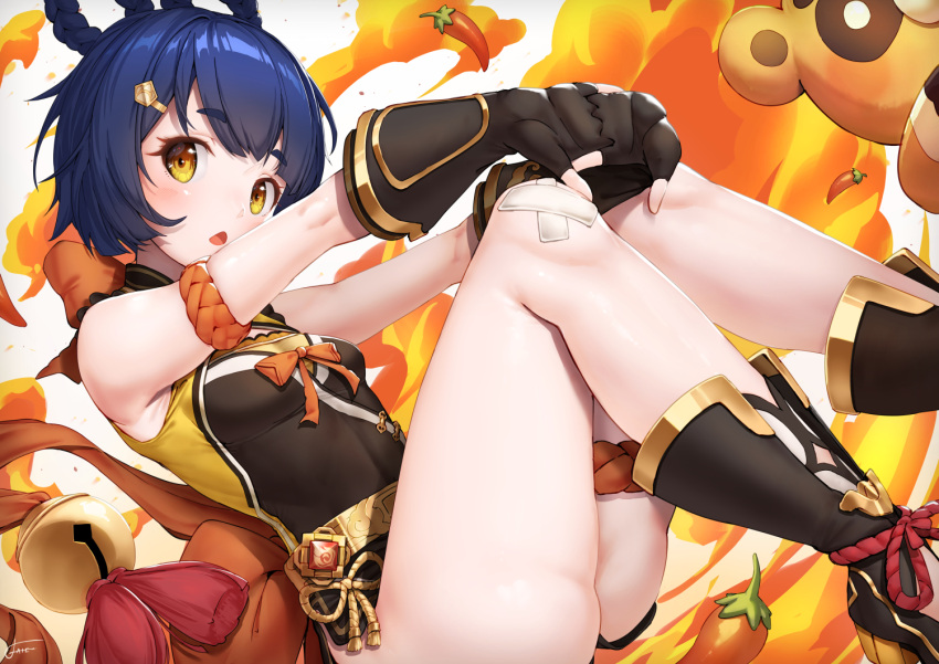 1girl :o armpits ass bandaid bandaid_on_knee bangs bare_shoulders bell belt black_footwear black_gloves blue_hair blush breasts dutch_angle elbow_gloves explosion eyebrows_visible_through_hair feet_out_of_frame fingerless_gloves genshin_impact gloves hair_ornament hair_rings hairclip jingle_bell looking_at_viewer open_mouth pepperoni ribbon short_hair signature sleeveless small_breasts solo stretch tassel thigh_strap xfate xiangling_(genshin_impact) yellow_eyes yellow_ribbon