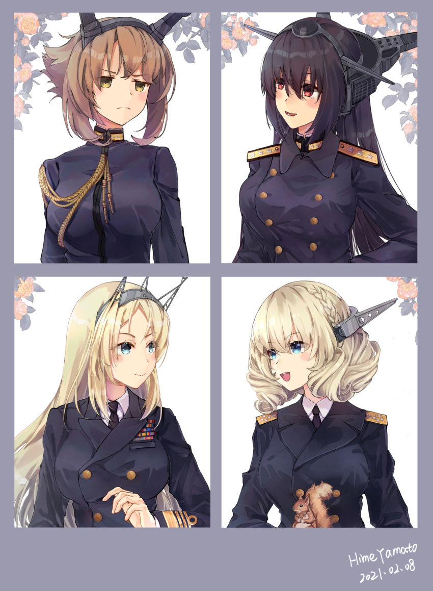 4girls animal artist_name black_hair black_neckwear blonde_hair blue_eyes blush breasts brown_hair buttons colorado_(kancolle) dated eyebrows_visible_through_hair flower green_eyes hair_between_eyes headgear highres himeyamato kantai_collection large_breasts long_hair military military_uniform multiple_girls mutsu_(kantai_collection) nagato_(kantai_collection) necktie nelson_(kantai_collection) open_mouth panties red_eyes rose short_hair smile squirrel underwear uniform