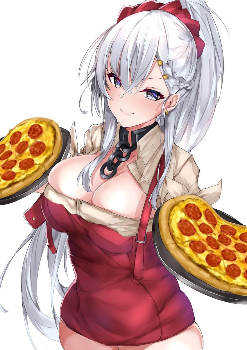 1girl apron azur_lane bangs belfast_(azur_lane) belfast_(piping-hot_perfection)_(azur_lane) blue_eyes blush braid breasts chain cleavage closed_mouth collar collarbone earrings food hair_between_eyes hair_ornament hair_scrunchie hairclip highres holding holding_food jewelry large_breasts long_hair looking_at_viewer metal_collar mutou_(94753939) pepperoni pizza ponytail red_apron red_scrunchie scrunchie short_sleeves silver_hair simple_background smile solo very_long_hair white_background