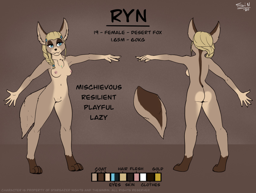 2020 4_toes 5_fingers anthro black_claws black_nose blonde_hair blue_eyes braided_hair breasts butt canid canine chest_tuft claws color_swatch digital_media_(artwork) digitigrade english_text fangs feet female fennec finger_claws fingers fox front_view fur genitals hair hi_res hindpaw humanoid_hands inner_ear_fluff leg_markings mammal markings model_sheet navel nipples nude outstretched_arm paws pussy rear_view ryn_(stargazer) signature socks_(marking) solo standing stargazer tan_body tan_fur teeth text toes tribal tuft