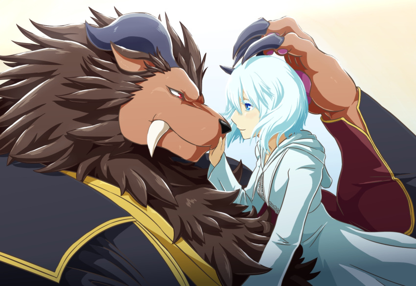 blue_eyes brown_body brown_fur brown_mane claws clothed clothing duo eye_contact fangs felid female fur hair hi_res horn human king leonhart lion looking_at_another male mammal mane pantherine pawpads red_eyes romantic_couple royalty sacrificial_princess_and_the_king_of_beasts saliphie white_eyelashes white_hair 灰牙剣一