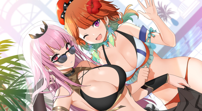 2girls ;d adapted_costume arm_strap arm_up armpits bare_shoulders bikini black-framed_eyewear black_bikini breasts choker cleavage collarbone detached_sleeves dutch_angle earrings flower frilled_bikini frills gradient_hair groin hair_flower hair_ornament halterneck hand_up hat hibiscus hololive hololive_english jewelry kurot large_breasts long_hair long_sleeves looking_at_viewer looking_over_eyewear lowleg lowleg_bikini mori_calliope multicolored_hair multiple_girls one_eye_closed open_mouth orange_bikini orange_hair parted_lips pink_hair purple_eyes red_eyes red_headwear ribbon_choker sarong sidelocks smile standing stomach sunglasses swimsuit takanashi_kiara veil virtual_youtuber