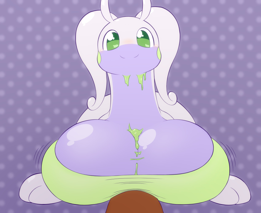 2021 2_fingers antennae_(anatomy) anthro bandeau big_breasts breast_rest breasts bust_portrait cheek_spots cleavage clothed clothed_sex clothing dragon dripping duo erection female female_focus fingers first_person_view front_view genitals goodra green_eyes hi_res huge_breasts k--10 long_neck looking_at_viewer male male/female male_pov motion_lines nintendo penis pok&eacute;mon pok&eacute;mon_(species) portrait purple_body sex slime smile solo_focus titfuck titfuck_under_clothes topwear video_games