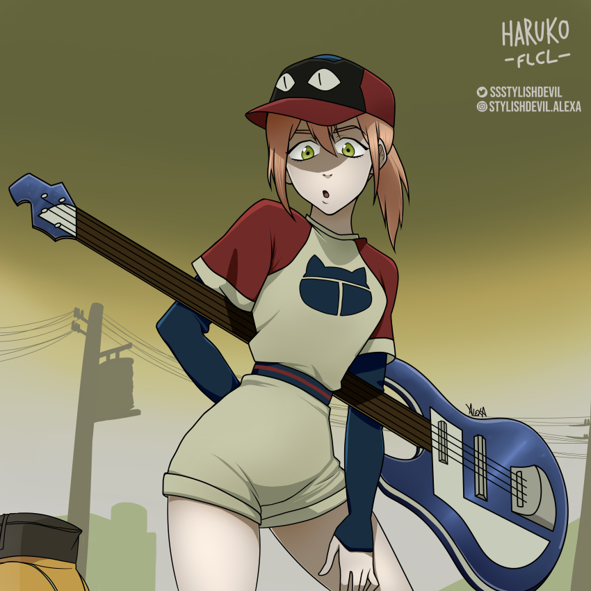 1girl absurdres artist_name baseball_bat baseball_cap baseball_uniform bass_guitar carefree cat character_name copyright_name derivative_work flcl gainax ground_vehicle guitar haruhara_haruko hat highres instrument motor_vehicle outdoors pink_hair power_lines scooter screencap screencap_redraw self_upload shorts solo sportswear ssstylishdevil standing surprised twitter_username uniform vespa yellow_eyes