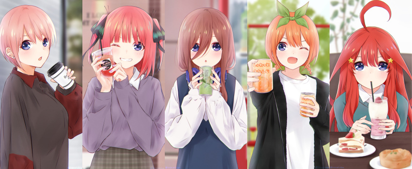 5girls :o ;d absurdres ahoge bangs black_jacket black_ribbon black_sweater blue_eyes blue_sweater blunt_bangs blurry blurry_background blush braid breasts brown_hair butterfly_hair_ornament can closed_mouth coffee_cup collared_shirt commentary_request cowboy_shot cup disposable_cup drinking_straw drinking_straw_in_mouth eyebrows_behind_hair food go-toubun_no_hanayome green_ribbon grin hair_between_eyes hair_ornament hair_ribbon hand_up hands_up headphones headphones_around_neck highres holding holding_can holding_cup jacket jewelry juice large_breasts long_hair long_sleeves looking_at_viewer milkshake multiple_girls nakano_ichika nakano_itsuki nakano_miku nakano_nino nakano_yotsuba one_eye_closed open_clothes open_jacket open_mouth orange_hair pink_hair plaid plaid_skirt purple_sweater quintuplets red_hair ribbon shirt short_hair siblings sidelocks single_earring sisters sitting skirt smile soda_can standing star_(symbol) star_hair_ornament strawberry_shortcake sweater sweater_tucked_in sweater_vest tea ten@_(tenatdam) twin_braids two_side_up white_shirt