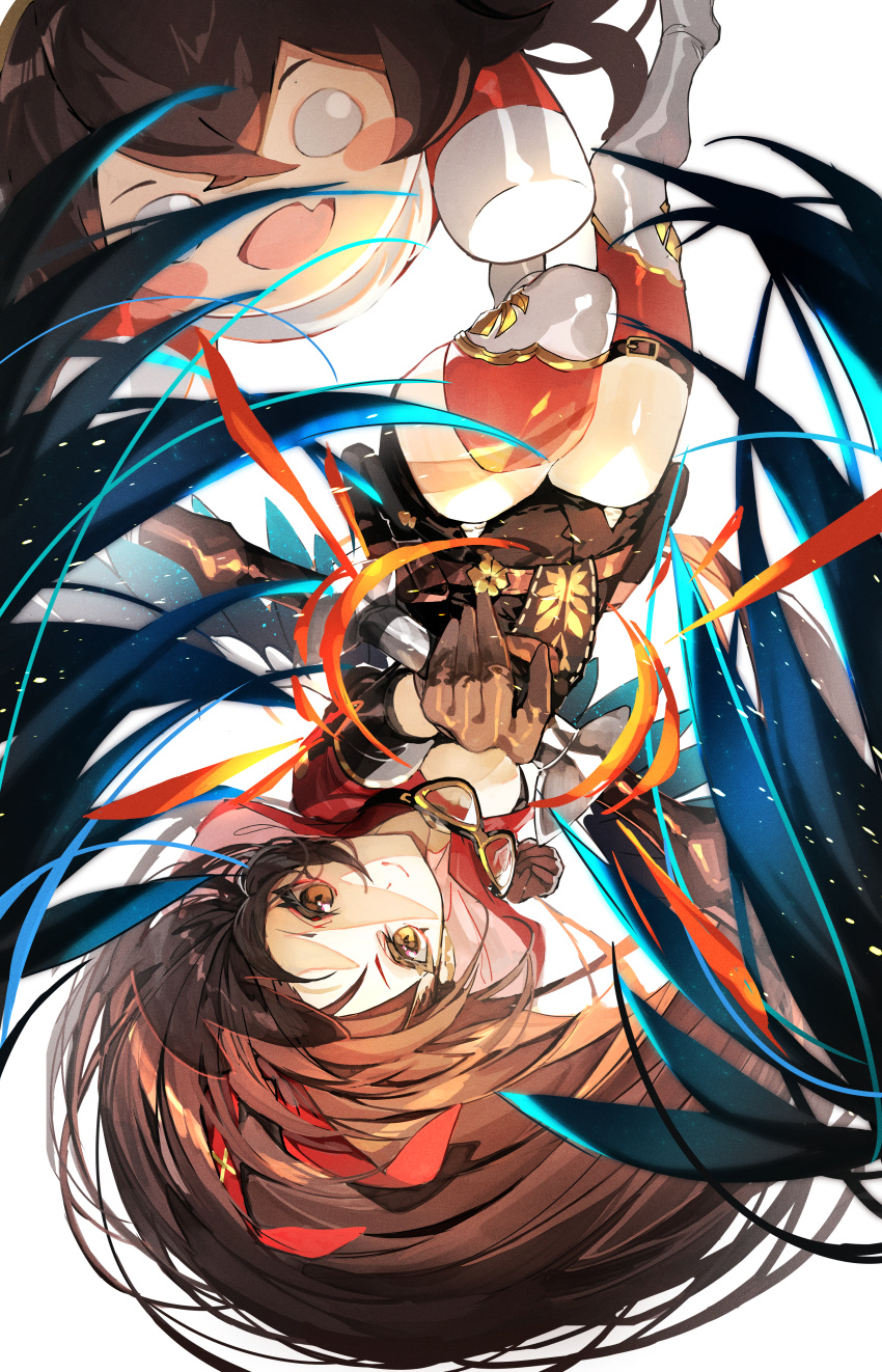 2girls absurdres aiming_at_viewer amber_(genshin_impact) baron_bunny blush_stickers boots brown_eyes brown_hair crossbow genshin_impact gloves goggles hair_ornament highres holding holding_weapon huge_filesize long_hair looking_at_viewer multiple_girls mura_karuki open_mouth short_shorts shorts solo thigh_boots thighhighs upside-down weapon