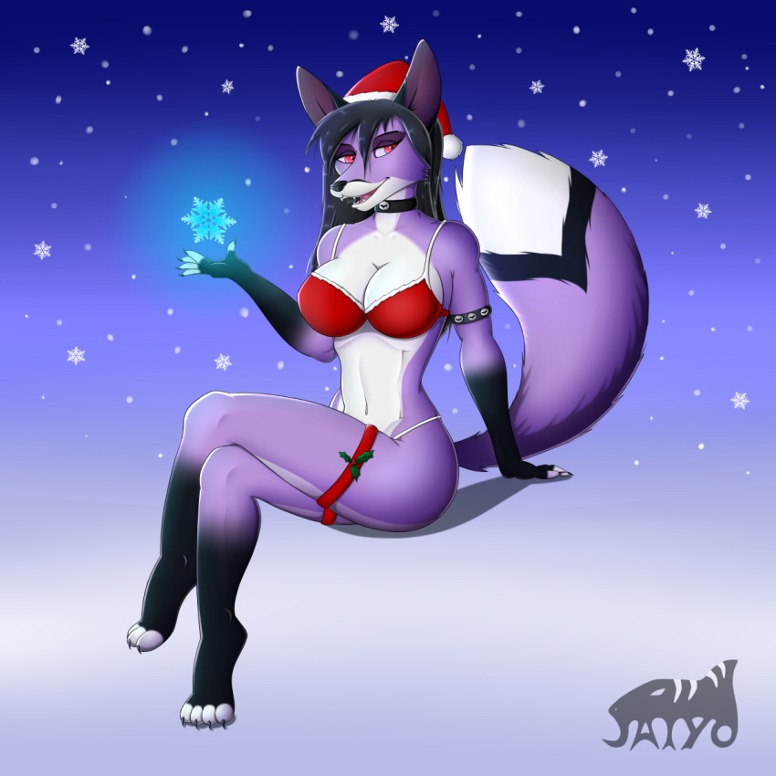 1:1 anthro breasts canid canine christmas christmas_clothing christmas_headwear clothing female fox hair hat headgear headwear hi_res holidays mammal saiyonara10 santa_hat snow snowflake solo