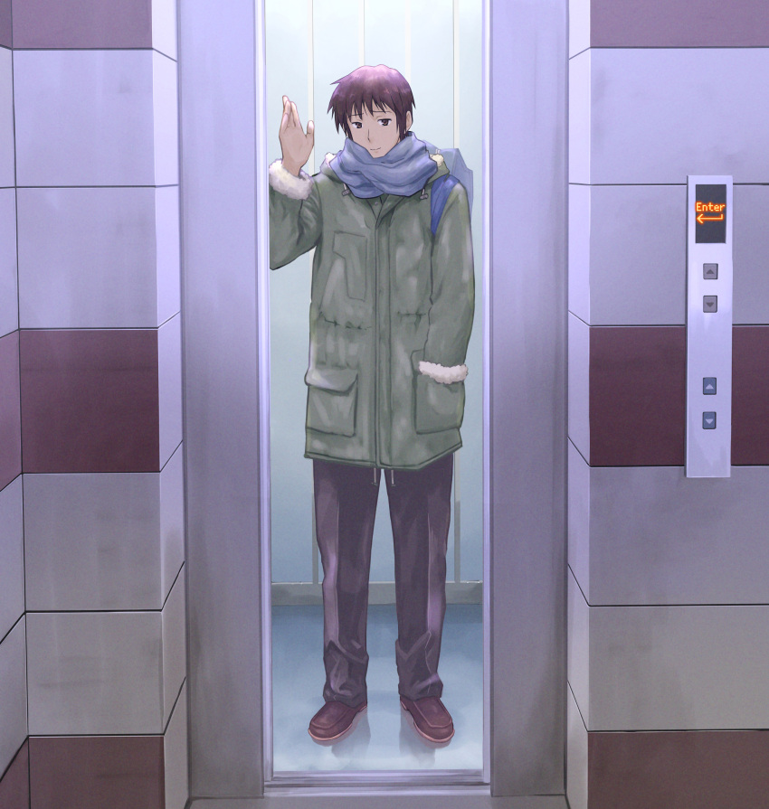 1boy bangs black_pants blue_scarf brown_eyes brown_footwear brown_hair closed_mouth commentary_request elevator elevator_door english_text full_body fur-trimmed_jacket fur_trim green_jacket hand_in_pocket hand_up highres hood hood_down hooded_jacket indoors ishiyuki00 jacket kyon long_sleeves looking_at_viewer male_focus pants reflective_floor scarf shoes short_hair smile solo standing suzumiya_haruhi_no_shoushitsu suzumiya_haruhi_no_yuuutsu waving