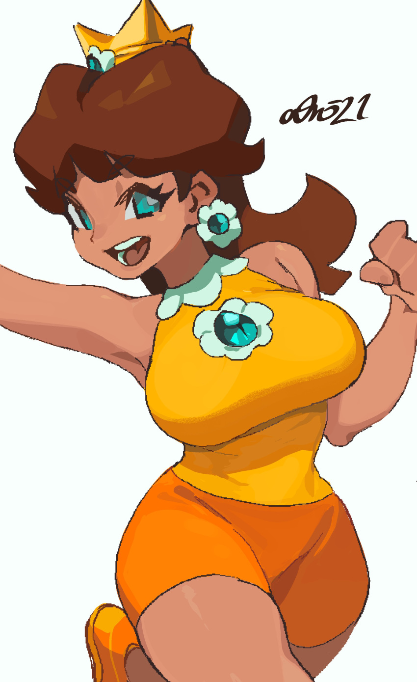 1girl :d absurdres aqua_eyes armpits artist_name ass bike_shorts blue_eyes breasts brooch brown_hair clenched_hand commentary crown dark_skin dark_skinned_female dated earrings english_commentary eyebrows_visible_through_hair highres jewelry large_breasts long_hair looking_at_viewer mario_(series) open_mouth orange_footwear orange_shorts outline princess_daisy shoes shorts signature sleeveless smile sneakers solo standing standing_on_one_leg super_mario_land teeth thick_thighs thighs tongue white_outline whoopsatro