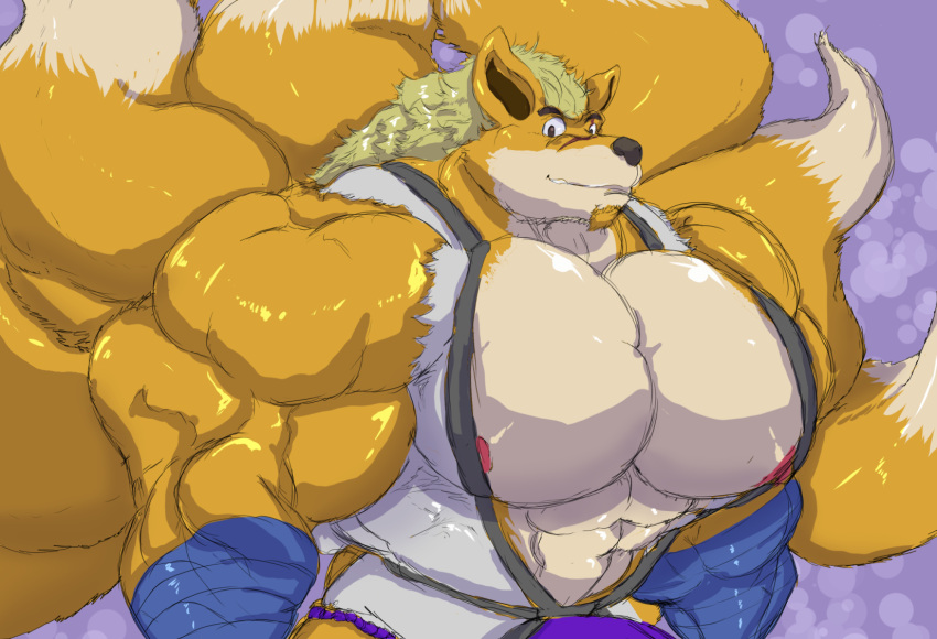 2020 8_tails abstract_background anthro beard big_bulge big_muscles big_pecs blonde_hair bulge canid canine clothing facial_hair fox hair hi_res huge_bulge huge_muscles huge_pecs hyper hyper_bulge hyper_muscles hyper_pecs long_hair looking_at_viewer male mammal multi_tail muscular nipples panscolipede pecs red_nipples scar shirt smile solo topwear tsuyoshi_senpai underwear