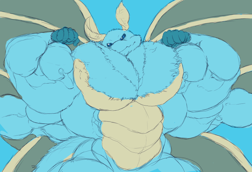 2020 4_arms 5_fingers anthro arthropod big_muscles big_pecs blue_background cedi colored_sketch fingers flexing hi_res huge_muscles huge_pecs hyper hyper_muscles insect lepidopteran looking_at_viewer male moth multi_arm multi_limb muscular nude panscolipede pecs simple_background solo wings