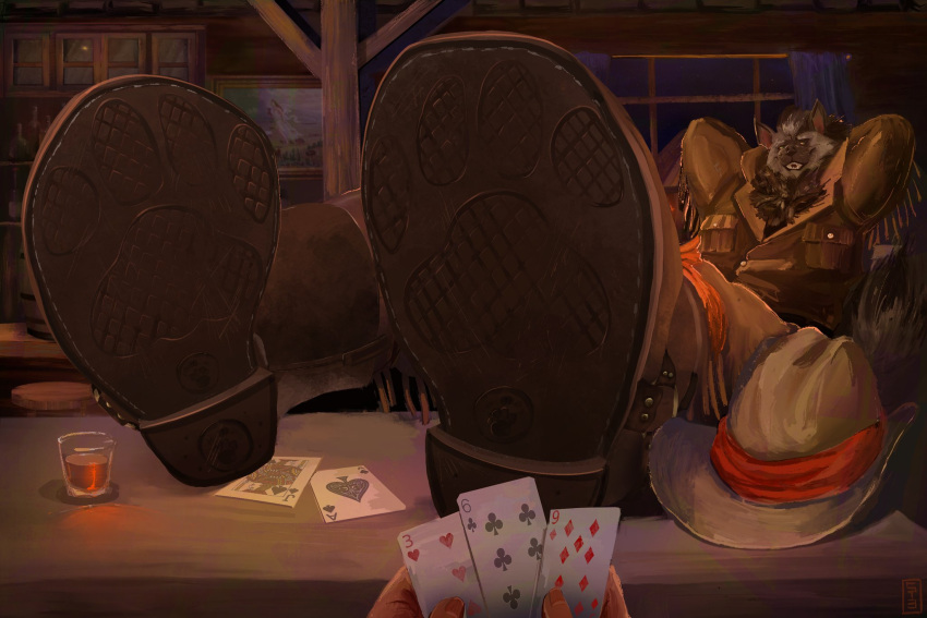2021 4_toes anthro bar black_claws boots claws clothed clothing cowboy_hat detailed_background feet foot_focus footwear fur grey_body grey_fur hands_behind_head hat headgear headwear hi_res hyaenid inside looking_at_viewer male mammal poker shot_glass st3ph3n toes