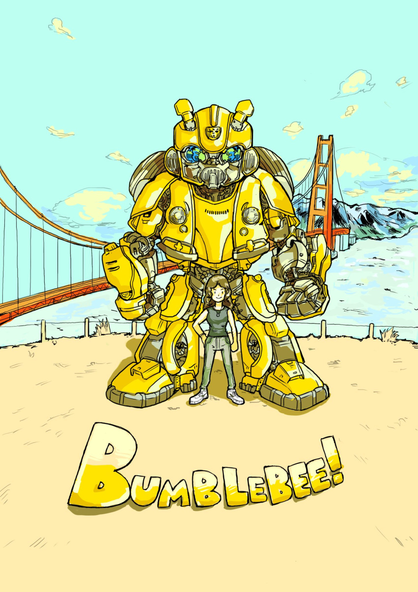 1boy 1girl autobot black_shirt blue_eyes brown_hair bumblebee bumblebee_(film) character_name charlie_watson chibi clenched_hand copyright_name denim golden_gate_bridge hand_on_hip highres insignia jeans konachang pants shirt sleeveless sleeveless_shirt smile transformers transformers_(live_action) v-shaped_eyebrows