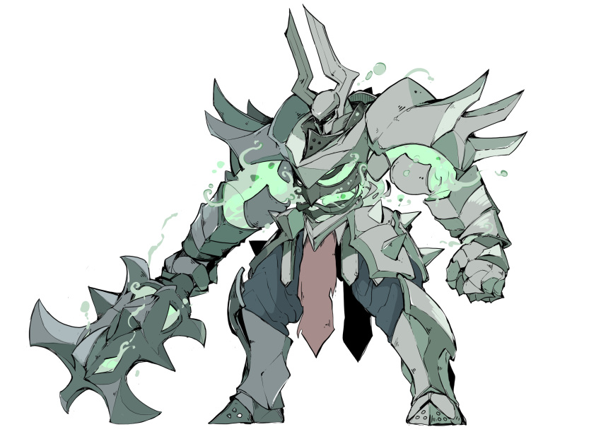 armor full_armor full_body helmet highres holding holding_weapon knight league_of_legends mace massakasama mordekaiser simple_background solo spikes standing weapon white_background