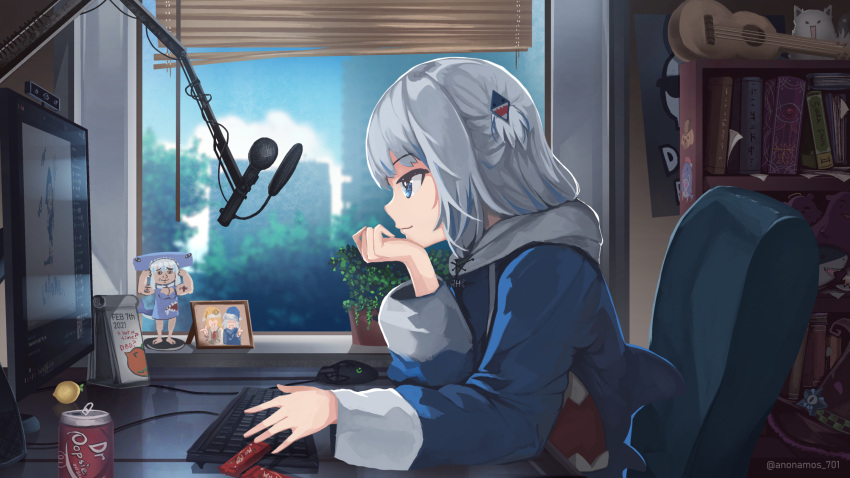 animal_hood anonamos bangs blinds blonde_hair blue_eyes blue_hair blue_hoodie blunt_bangs dr_pepper fish_tail gawr_gura hair_ornament hat highres hololive hololive_english hood hoodie instrument keyboard_(computer) lofi_hip_hop_radio_-_beats_to_relax/study_to long_sleeves medium_hair microphone monitor multicolored_hair multiple_girls open_mouth parody photo_(object) room shark_girl shark_hair_ornament shark_hood shark_tail short_hair silver_hair streaked_hair tail two_side_up ukulele virtual_youtuber watson_amelia white_hair wide_sleeves window
