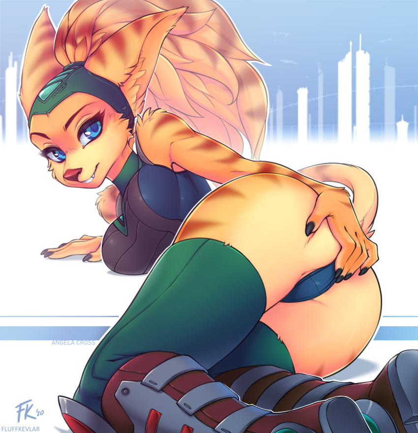 2020 5_fingers angela_cross anthro blue_eyes breasts butt clothing female fingers fluff-kevlar lombax looking_at_viewer mammal ratchet_and_clank smile solo sony_corporation sony_interactive_entertainment video_games