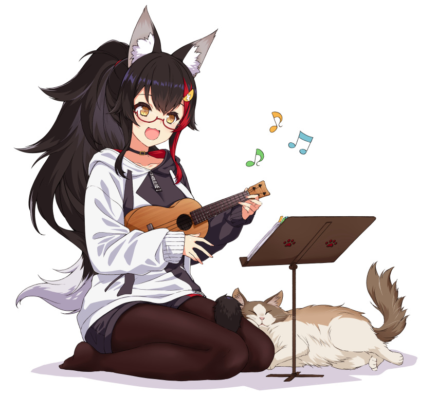 1girl :3 :d absurdres animal_collar animal_ear_fluff animal_ears asanaya bangs beamed_eighth_notes black_choker black_collar black_hair black_hoodie black_legwear black_shorts cat choker collar eighth_note full_body glasses hair_between_eyes hair_ornament hairclip highlights highres holding holding_instrument hololive hood hoodie instrument light_blush multicolored_hair music musical_note no_shoes ookami_mio open_mouth pantyhose playing_instrument ponytail red_hair seiza short_shorts shorts simple_background sitting smile solo taiga_(ookami_mio) tail tail_around_leg tail_wrap two-tone_hoodie ukulele virtual_youtuber white_background white_hoodie wolf_ears wolf_girl