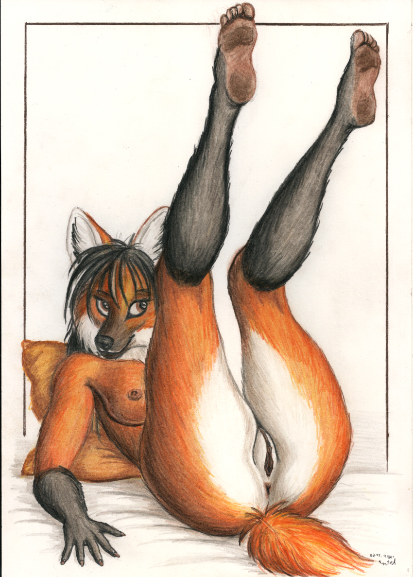 anthro anus bed breasts butt canid canine feet female furniture genitals hi_res legs_up looking_aside mammal maned_wolf nude pillow plantigrade presenting presenting_hindquarters pussy simple_background solo syntech white_background