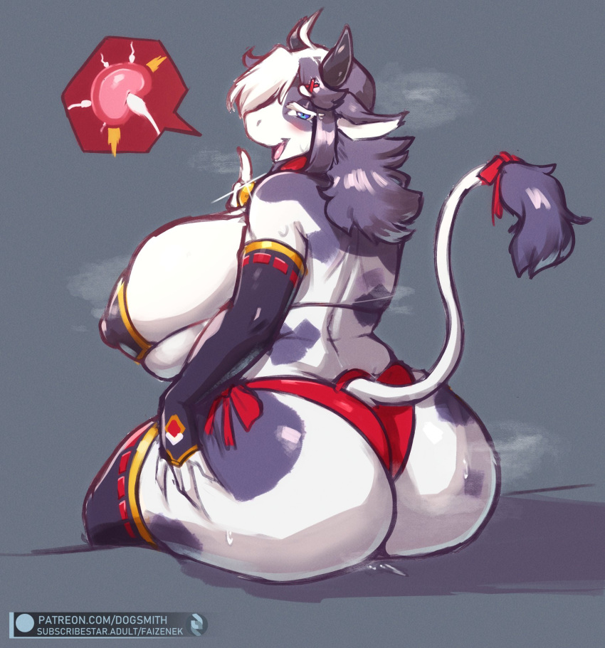 anthro big_breasts big_butt blush bodily_fluids bovid bovine breasts butt cattle female genital_fluids hi_res holding_butt huge_breasts huge_butt mammal nipple_outline pussy_juice sitting solo text the_dogsmith url