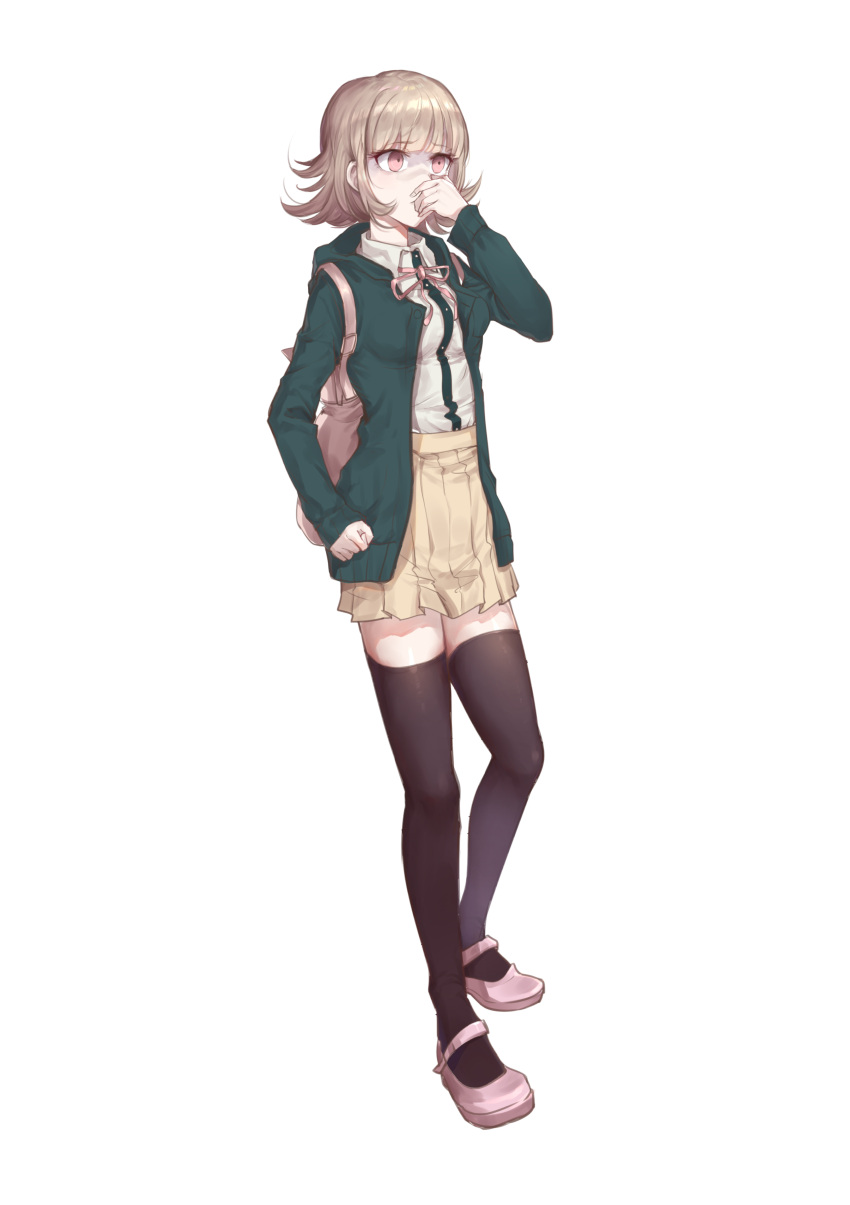 1girl absurdres backpack bag bangs black_jacket black_legwear black_shirt blunt_bangs breasts brown_hair cat_bag commentary_request covering_mouth danganronpa_(series) danganronpa_2:_goodbye_despair eyebrows_visible_through_hair flipped_hair full_body hand_over_own_mouth hand_up highres hood jacket kaer_sasi_dianxia long_sleeves looking_at_viewer medium_breasts medium_hair nanami_chiaki open_clothes open_jacket pink_bag pink_eyes pink_footwear pleated_skirt red_eyes ribbon shaded_face shirt shirt_tucked_in shoes simple_background skirt solo standing thighhighs two-tone_shirt white_background white_shirt zettai_ryouiki