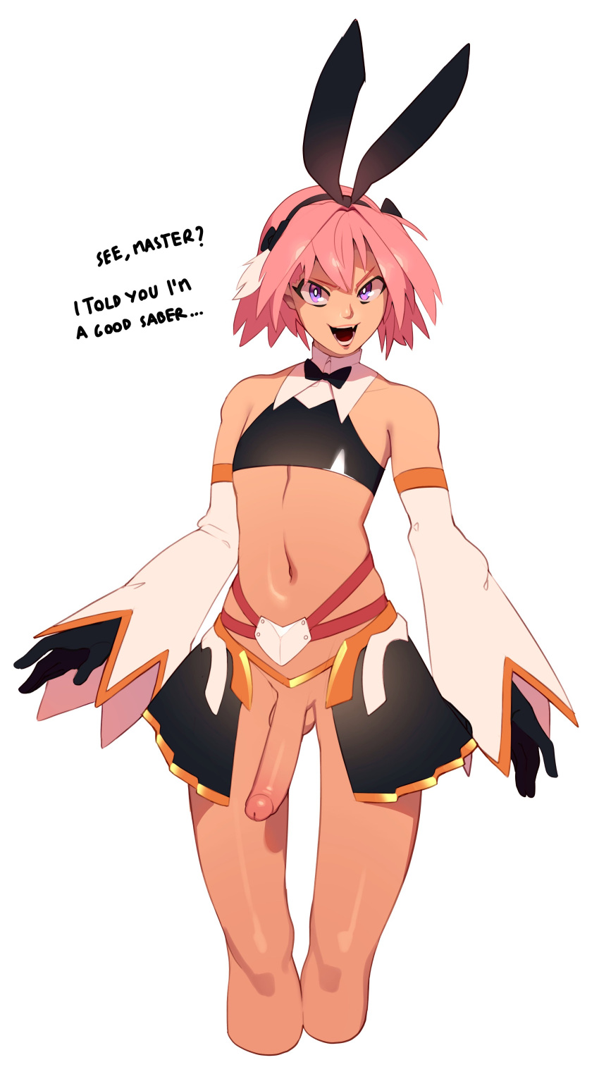 1boy absurdres animal_ears astolfo_(fate) astolfo_(saber)_(fate) bangs bare_shoulders black_bow black_gloves black_skirt bow bowtie bunny_ears combos_&amp;_doodles commentary cropped_legs english_text fake_animal_ears fate/grand_order fate_(series) gloves hair_bow hair_intakes highres long_hair long_sleeves looking_at_viewer male_focus multicolored_hair navel open_mouth penis pink_hair purple_eyes shiny shiny_skin short_hair simple_background skirt smile solo streaked_hair twintails white_background