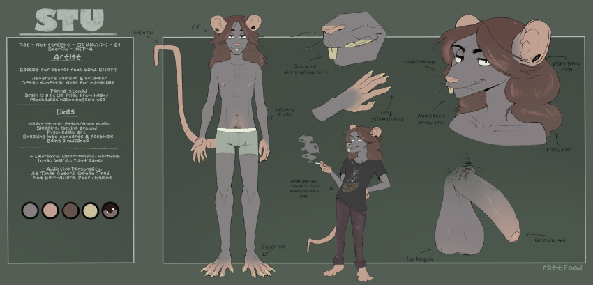 5_toes absurd_res anthro balls barefoot boxers_(clothing) claws clothing dozybunn english_text feet foreskin genitals hi_res male mammal model_sheet murid murine nipples nude penis piercing pubes rat rodent saggy_balls skinny slim solo stu tall text toes uncut underwear