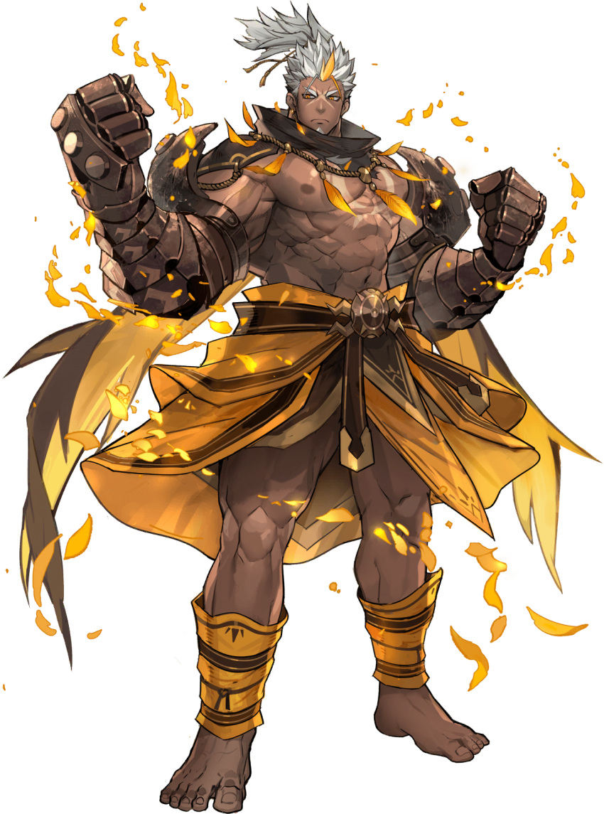 1boy abs bara bare_pecs barefoot bidziil_(gyee) blonde_hair chest_tattoo dark_skin dark_skinned_male facial_hair feather_necklace full_body gauntlets goatee gyee highres large_pectorals male_focus multicolored_hair muscular muscular_male navel nikism nipples official_art pelvic_curtain revealing_clothes short_hair sideburns solo spiked_hair stomach streaked_hair tattoo thick_thighs thighs tied_hair very_dark_skin white_hair