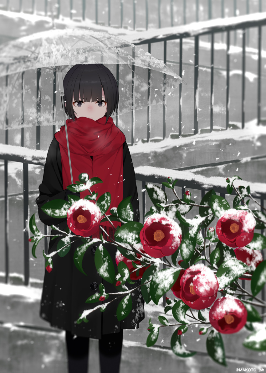 1girl bangs black_eyes black_hair blunt_bangs bob_cut branch camellia feet_out_of_frame flower highres holding holding_umbrella idolmaster idolmaster_cinderella_girls leaf long_sleeves mizuki_makoto red_flower red_scarf scarf shirayuki_chiyo short_hair snow solo transparent transparent_umbrella twitter_username umbrella