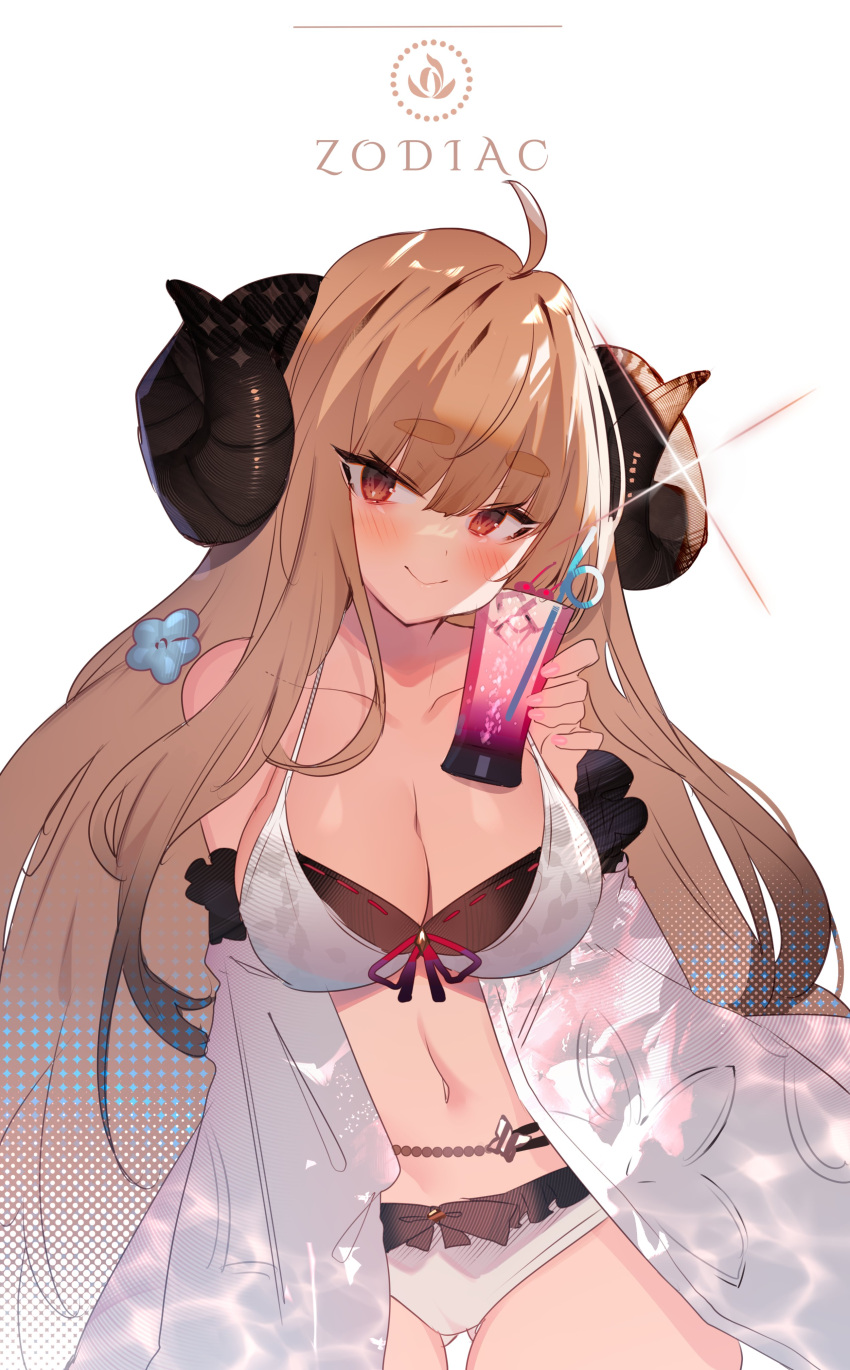 1girl absurdres ahoge anila_(granblue_fantasy) bikini blonde_hair blush breasts brown_eyes cherry cleavage cocktail_glass collarbone cup curled_horns detached_sleeves draph drinking_glass drinking_straw english_text food fruit granblue_fantasy head_tilt highres holding holding_cup horns large_breasts layered_bikini long_hair navel red_ribbon ribbon sheep_horns simple_background smile solo soukou_makura swimsuit thick_eyebrows thigh_gap white_background white_bikini wide_sleeves