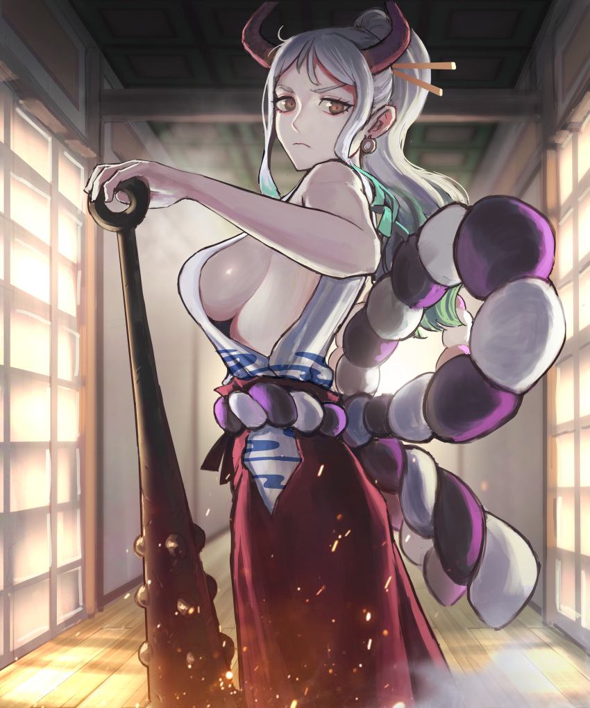 1girl absurdres bare_arms bare_shoulders breasts brown_eyes closed_mouth club cuffs curled_horns earrings embers english_commentary feet_out_of_frame from_side green_hair hair_ornament hair_stick hakama hand_on_hilt hand_up high_ponytail highres horns indoors japanese_clothes jewelry kanabou kataginu large_breasts long_hair multicolored_hair one_piece oni planted_weapon red_horns rope serious shimenawa sideboob sidelocks smoke solo standing two-tone_hair v-shaped_eyebrows vertigris weapon white_hair wooden_floor yamato_(one_piece)