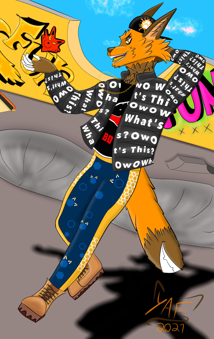 absurd_res anthro bad_dragon boots canid canine clothed clothing dripping e621 footwear fox furaffinity graffiti hat headgear headwear hi_res hoodie jewelry jumping leggings legwear male mammal rogeryaf skate_park solo swag topwear