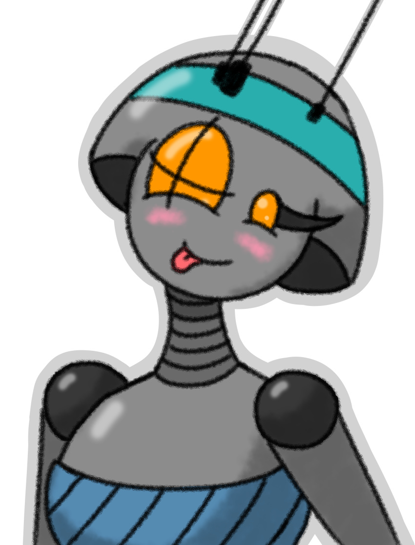 absurd_res alpha_channel android antennae_(anatomy) blue_clothing blush cal-3 clothing digital_drawing_(artwork) digital_media_(artwork) eyelashes female glistening glistening_body grey_body hi_res humanoid looking_at_viewer machine orange_eyes randyricky robot robot_humanoid shaded simple_background smile smiling_at_viewer solo tongue tongue_out transparent_background