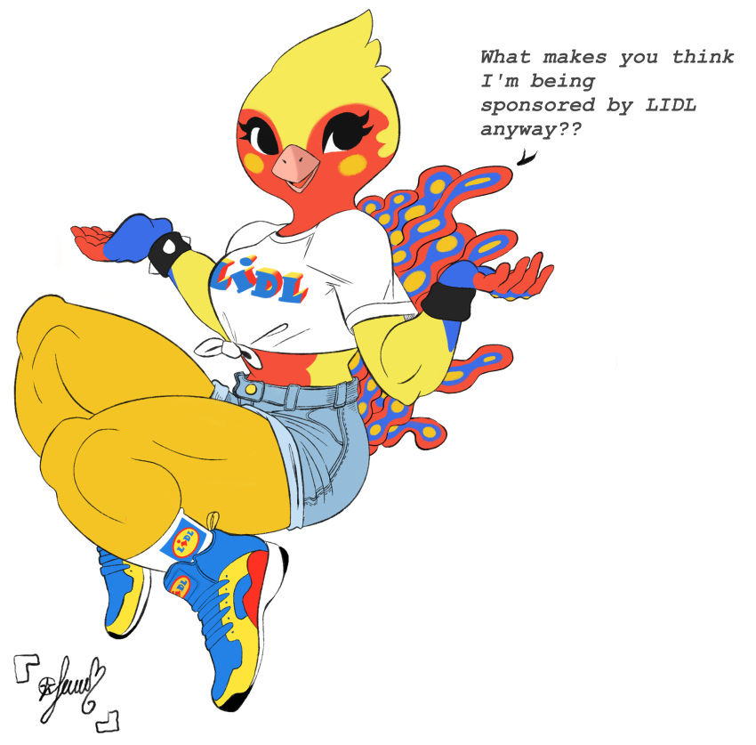 absurd_res animal_crossing anthro avian bird bottomwear clothing colored cutoffs denim denim_clothing digital_media_(artwork) english_text female footwear hi_res nintendo ostrich panthera_cantus phoebe_(animal_crossing) ratite shirt shoes shorts sneakers socks solo text tied_shirt topwear video_games wide_thighs wristband