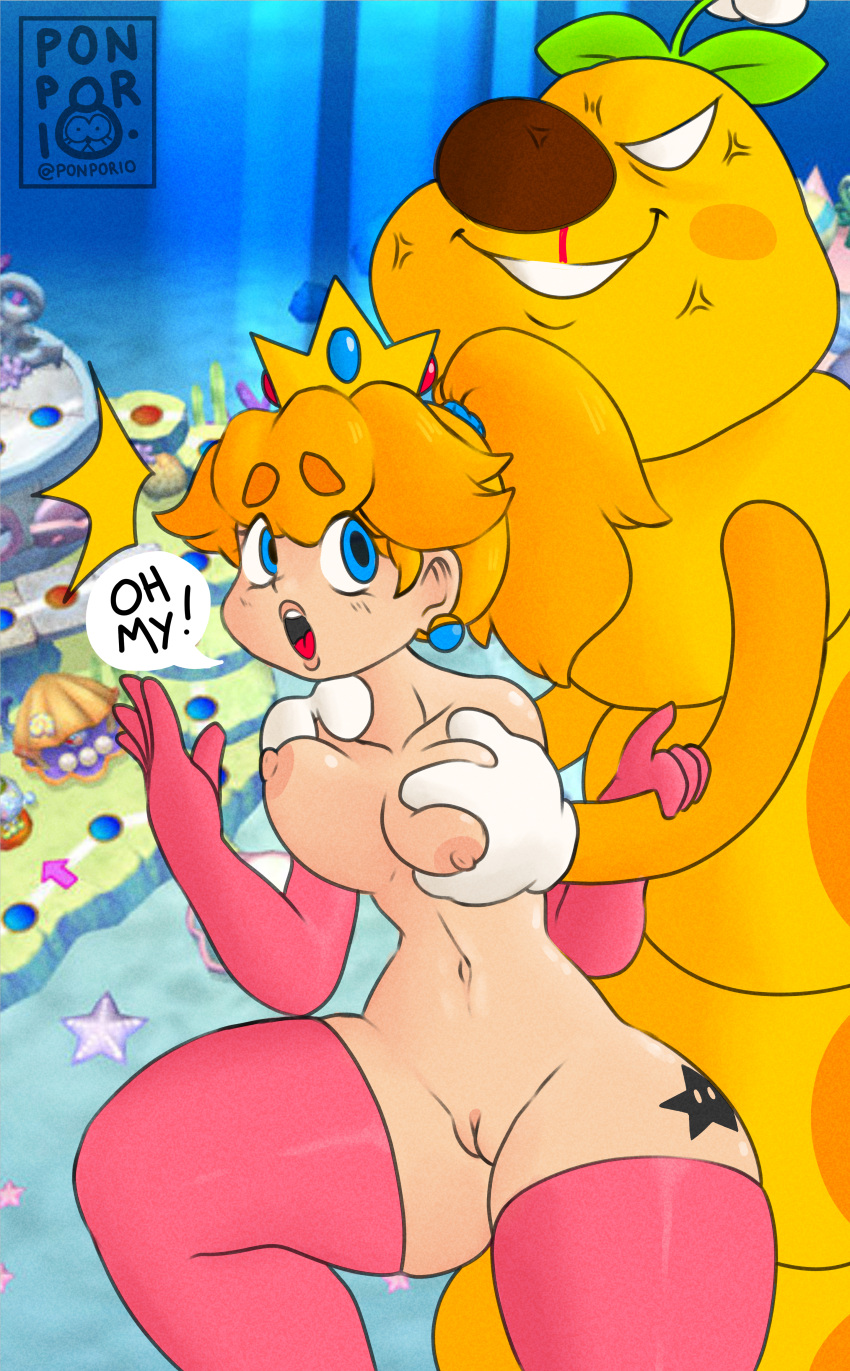absurd_res breasts clothing crown dialogue duo ear_piercing ear_ring exposed_breasts female feral genitals gloves grope groping_breasts groping_from_behind hair handwear hi_res human legwear male male/female mammal mario_bros nintendo nude piercing ponporio_(artist) ponytail princess princess_peach pussy royalty stockings surprised_expression tattoo video_games wiggler worm